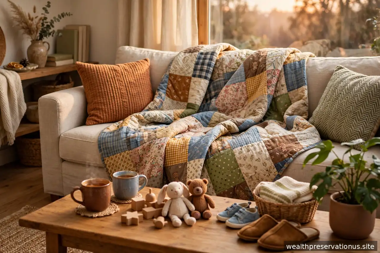 Patchwork quilt draped over a sofa in a cozy living room in warm light