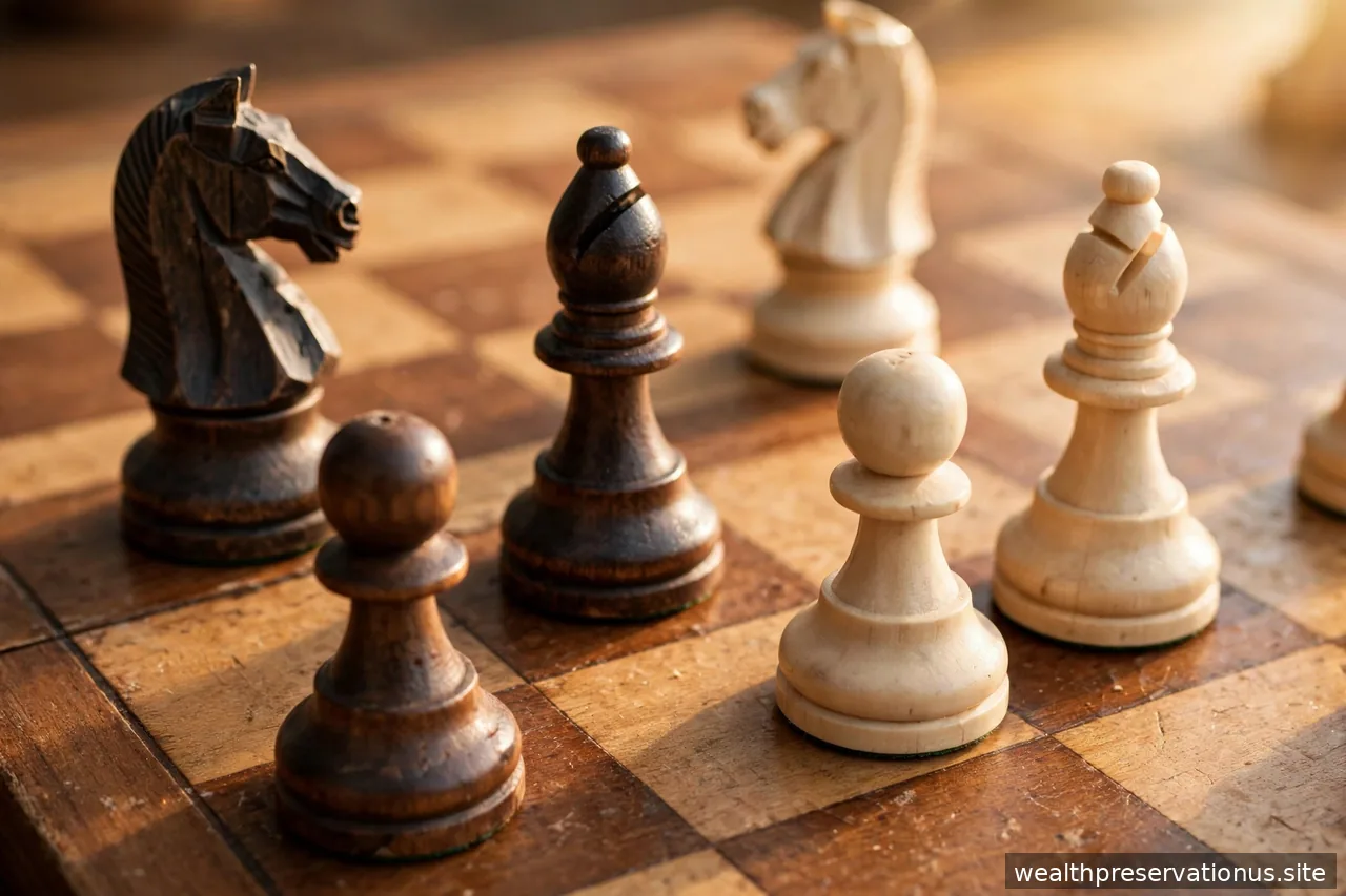 Chess pieces arranged strategically on a board, close-up, in warm light