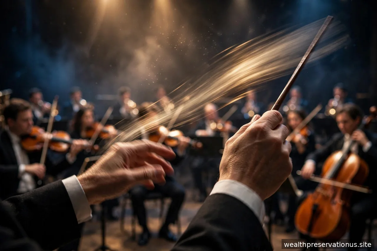 Conductor's hands leading an orchestra in dramatic concert lighting