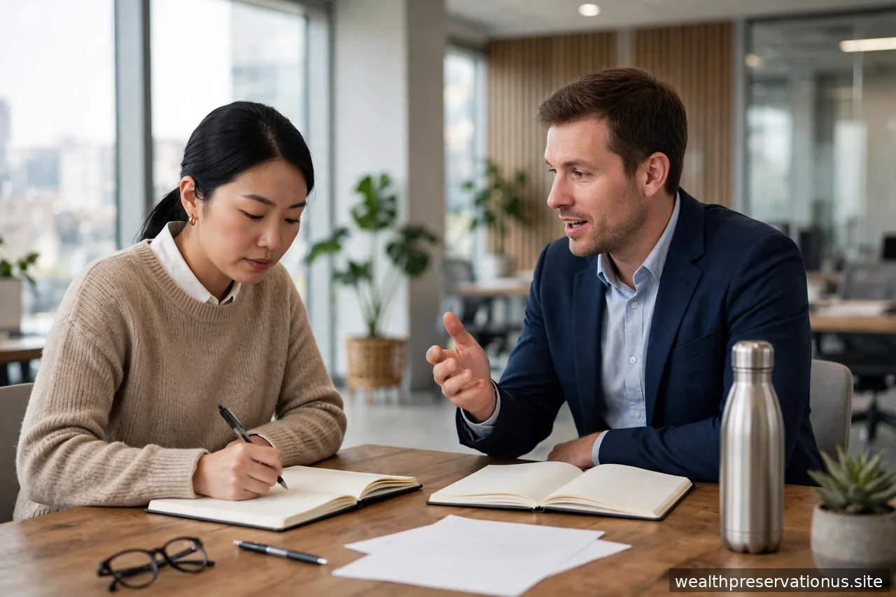 Person being interviewed across a desk, taking notes while another speaks, in a bright office