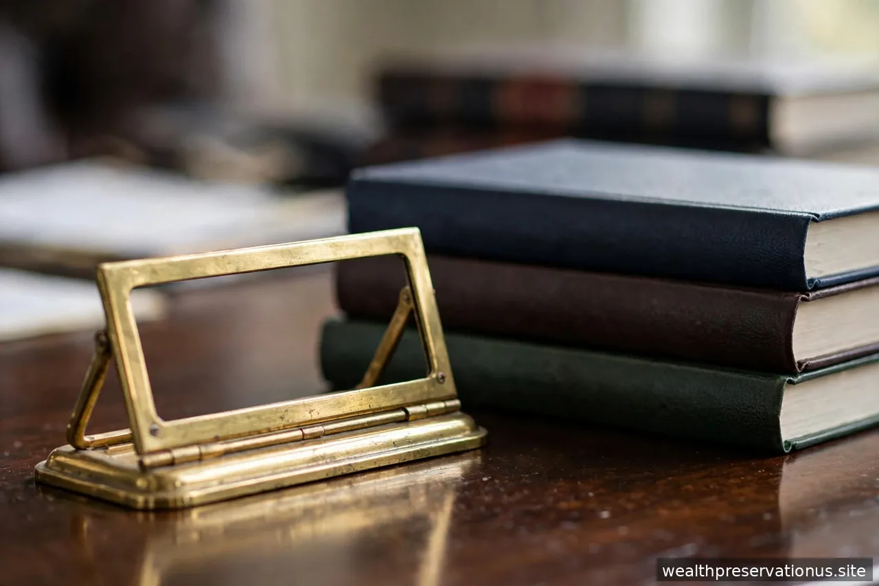 Empty brass nameplate holder on a polished desk beside legal books
