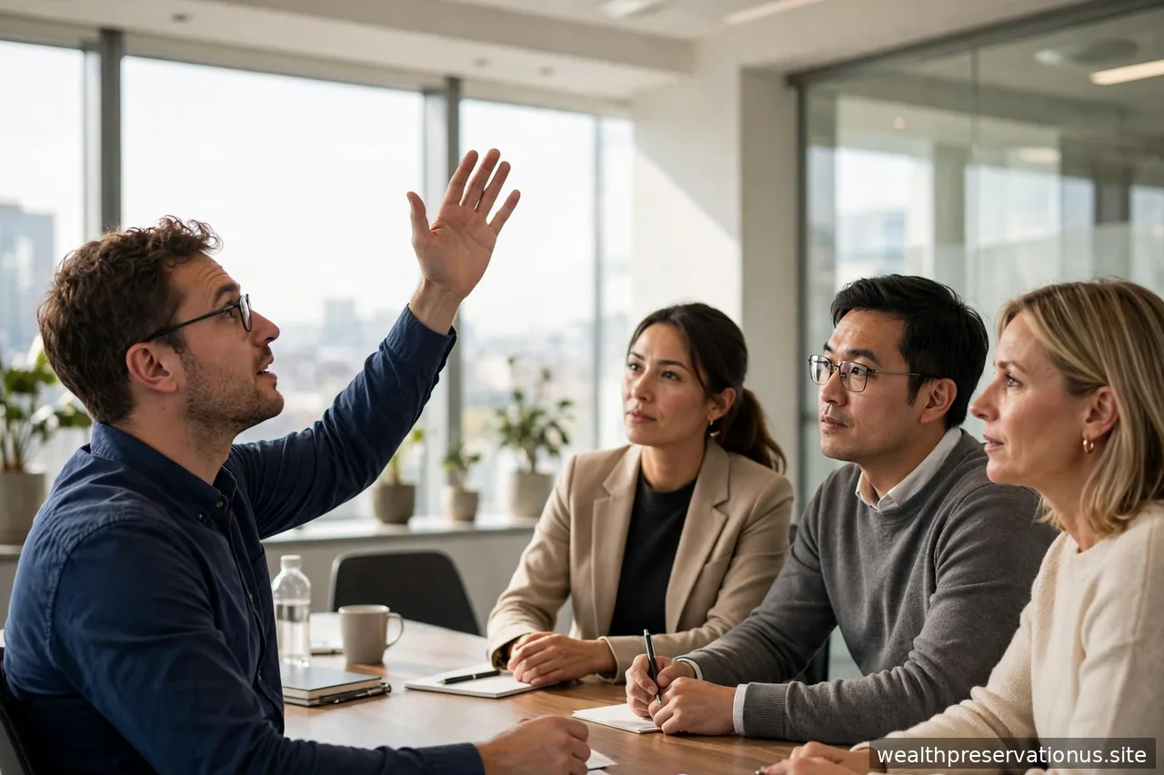 Person asking a question in a meeting with raised hand, colleagues listening, in a bright office