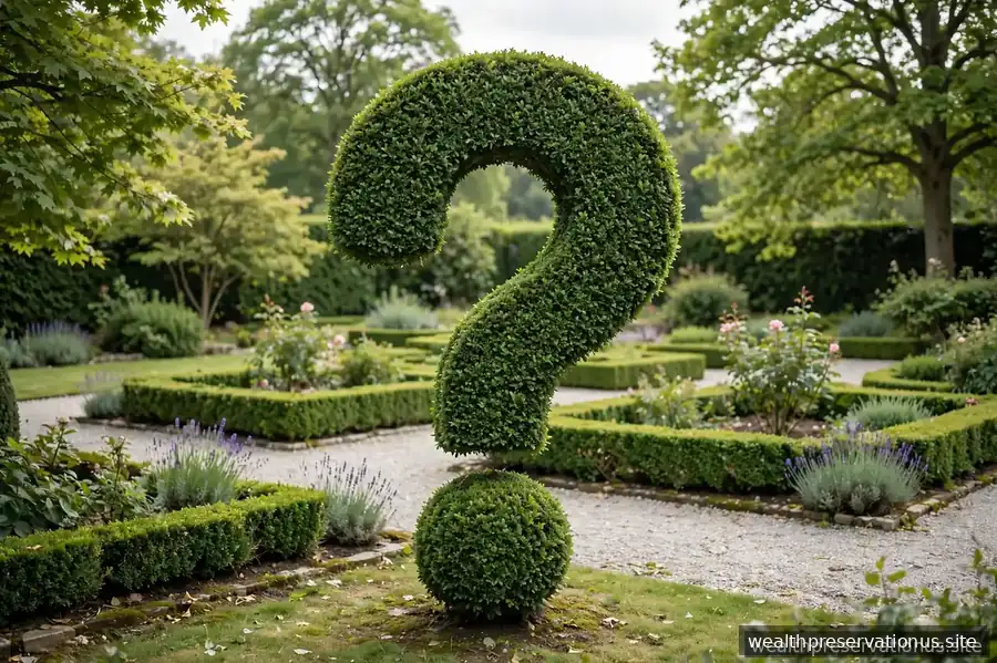 Question-mark-shaped topiary in a manicured garden in soft daylight