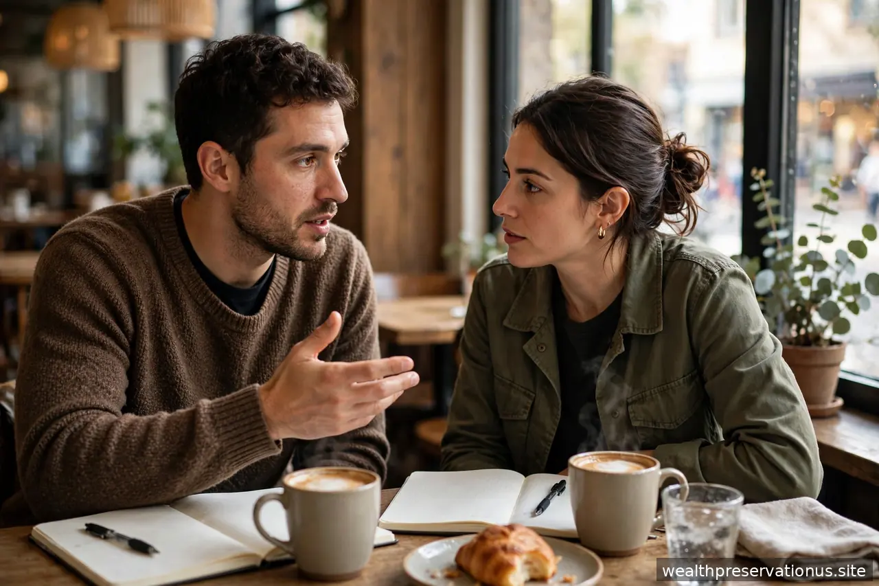 Two people in deep discussion over coffee with notebooks in cafe window light