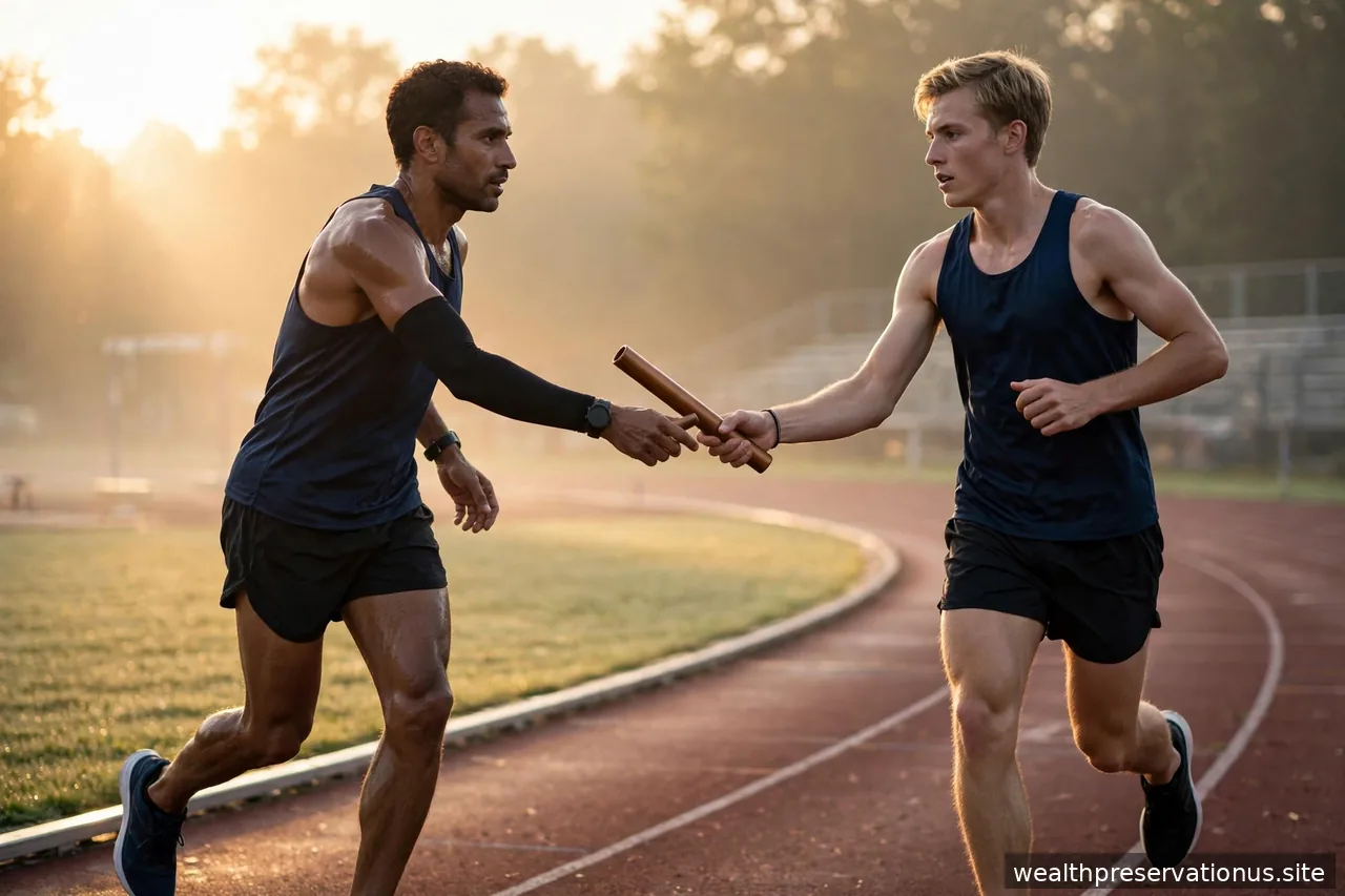 Relay race baton handoff between two runners at sunrise on a track