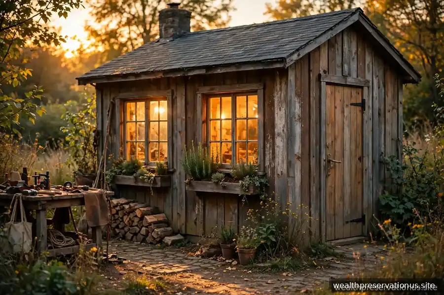 Small workshop exterior at golden hour with warm glowing windows